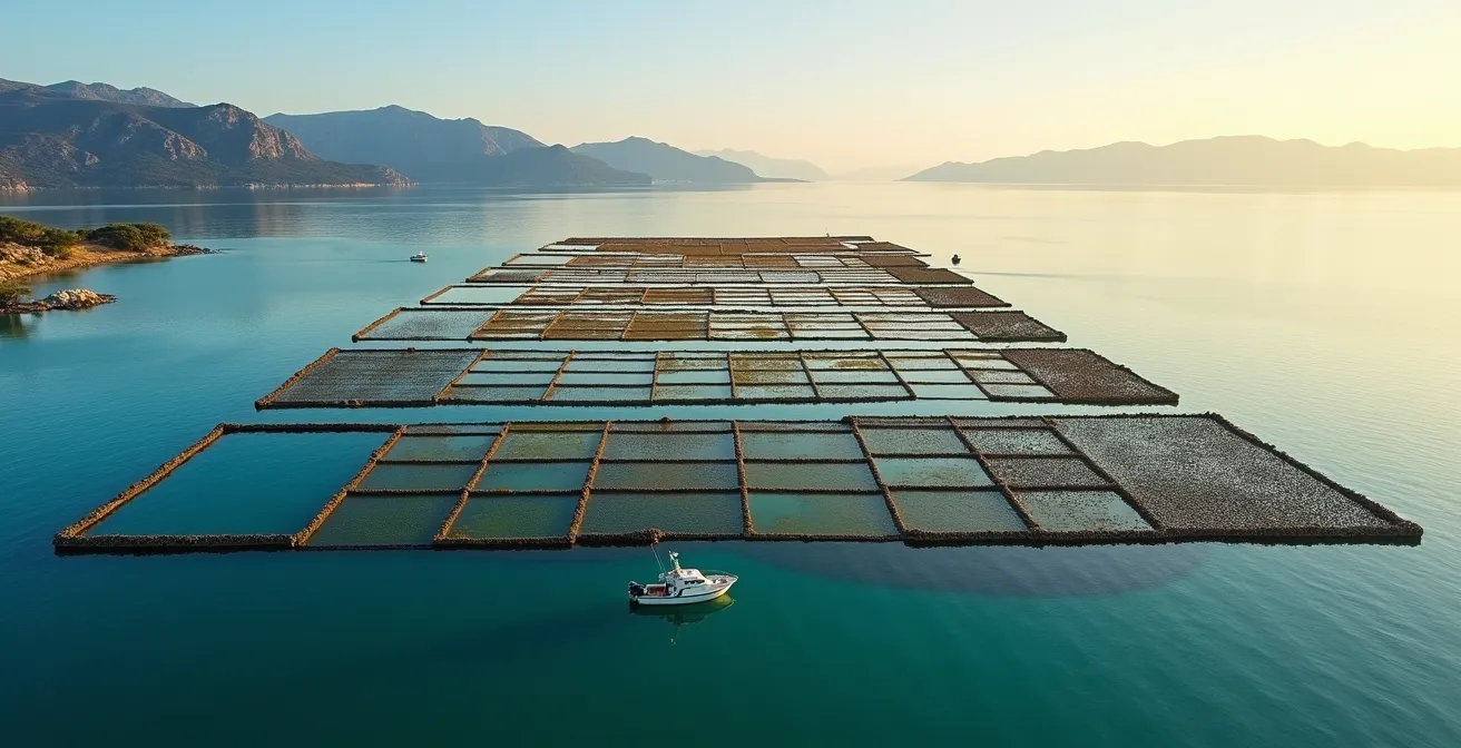 Vue aérienne d'un parc ostréicole méditerranéen montrant l'impact du réchauffement