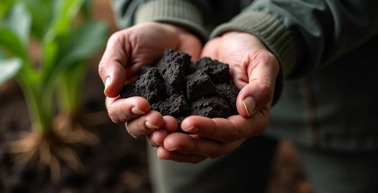 Mains tenant du biochar noir poreux avec racines de plantes visibles en arrière-plan