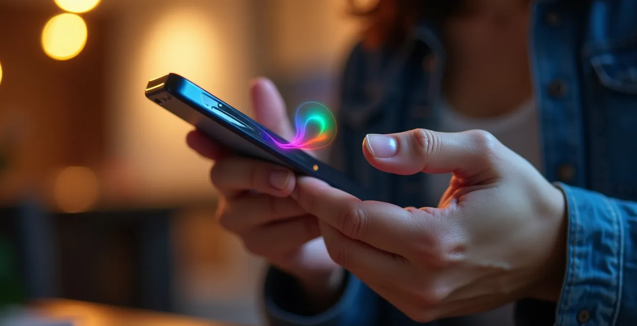 Mains tenant un smartphone montré de dos avec reflets lumineux suggérant l'activité numérique