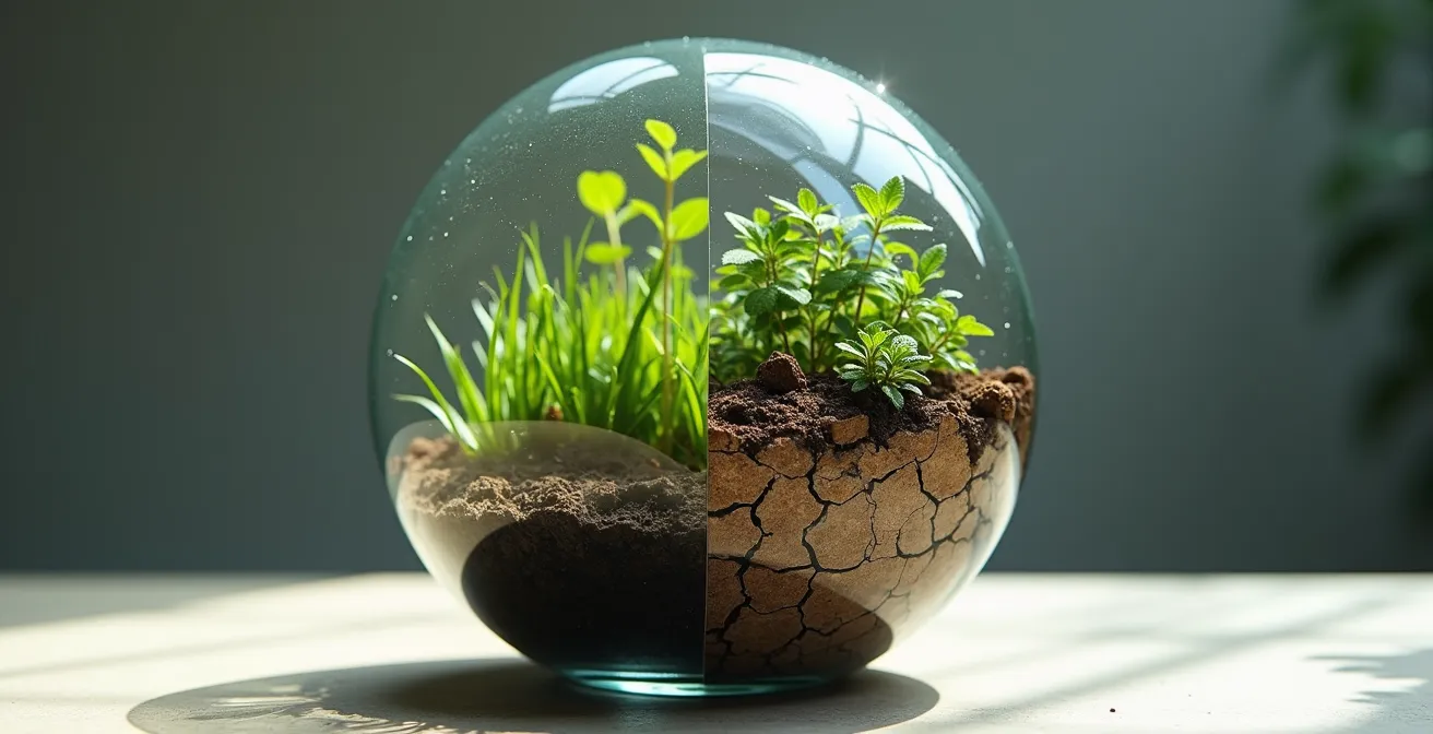 Composition artistique montrant une planète Terre divisée en deux moitiés : une partie verdoyante et une partie asséchée