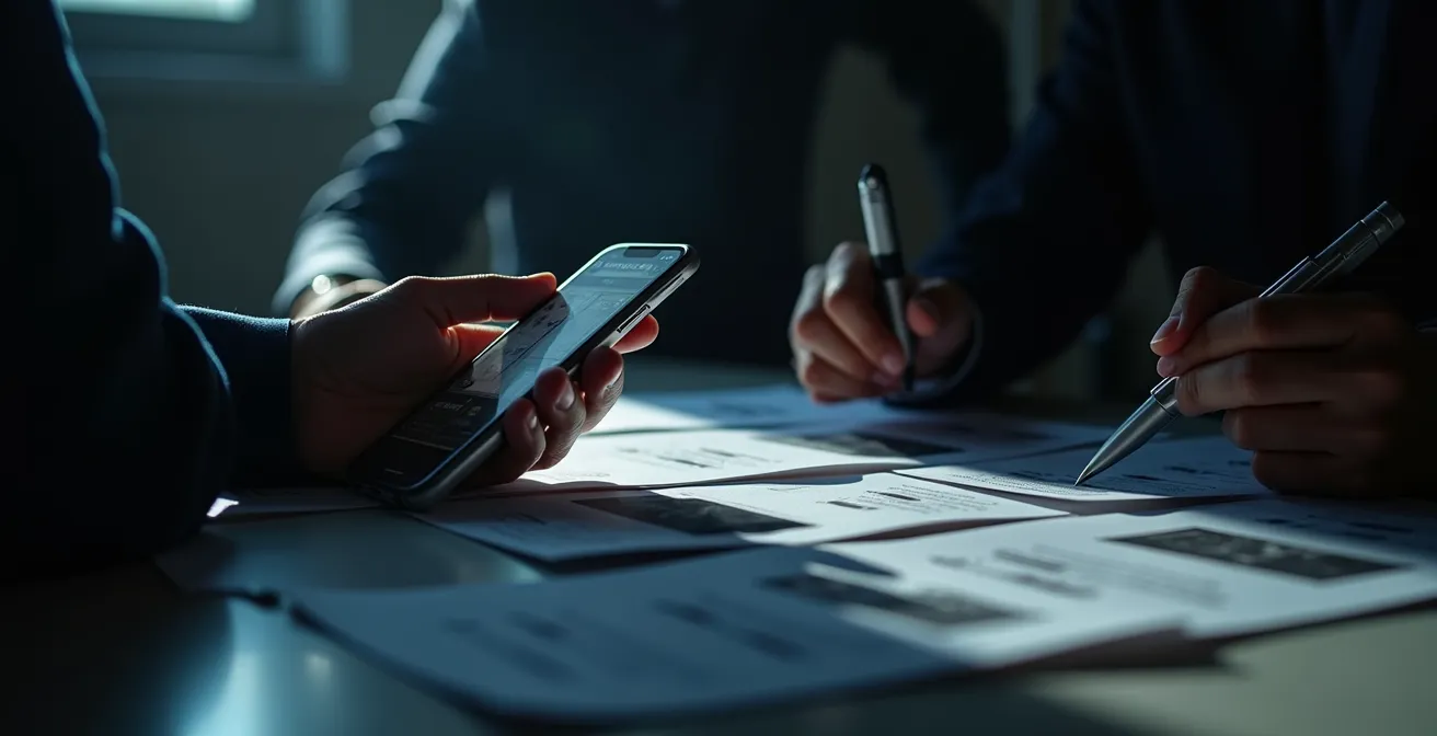 Main tenant un smartphone montrant une interface de signalement avec des captures d'écran floutées en arrière-plan