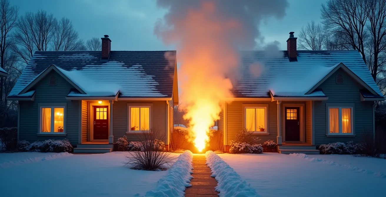 Image thermographique d'une maison montrant les pertes de chaleur importantes par le toit