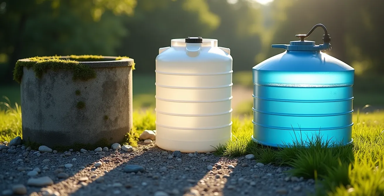 Vue comparative de différents systèmes de stockage d'eau avec leurs caractéristiques environnementales