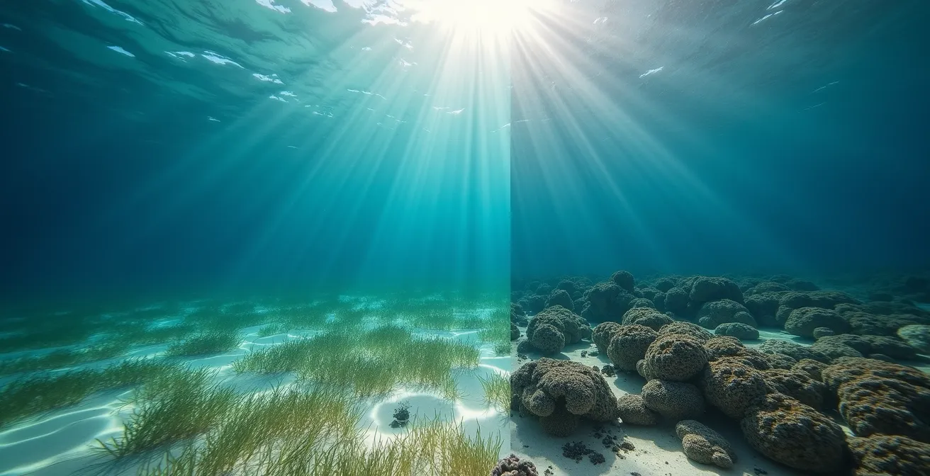 Fond marin préservé avec herbiers et coraux versus fond marin détruit après passage de chalut