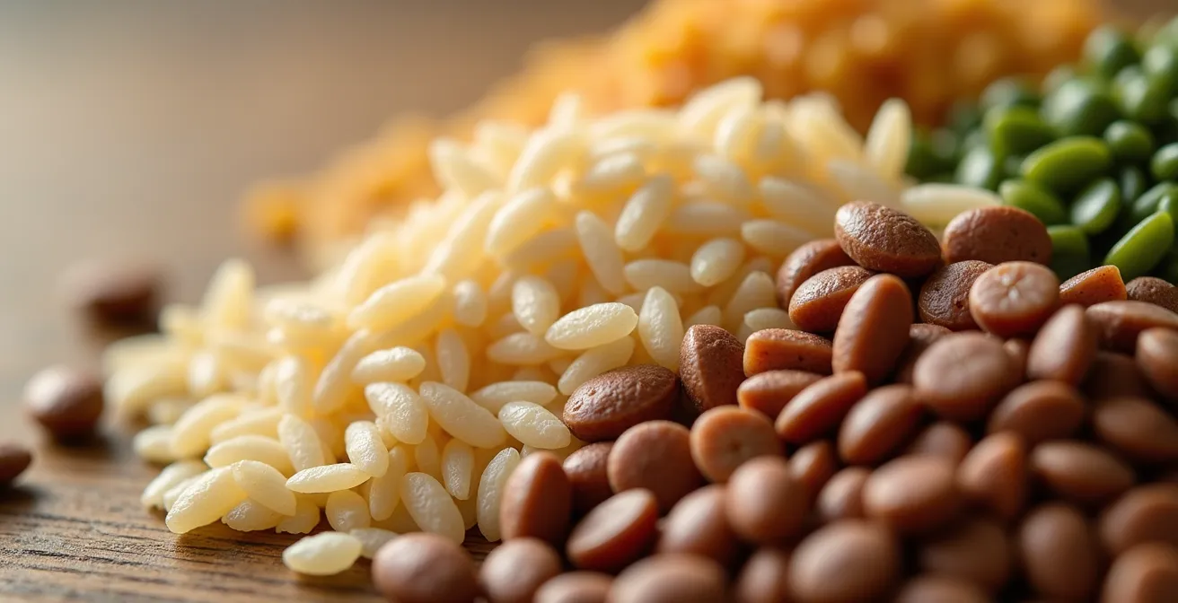 Vue macro de grains de céréales en vrac avec textures détaillées et profondeur de champ réduite