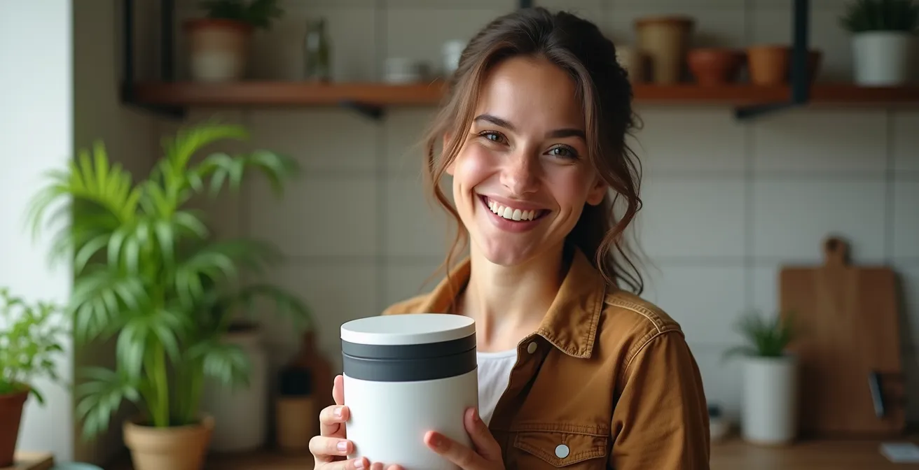 Portrait d'une personne souriante tenant un petit composteur d'intérieur avec des plantes vertes en arrière-plan
