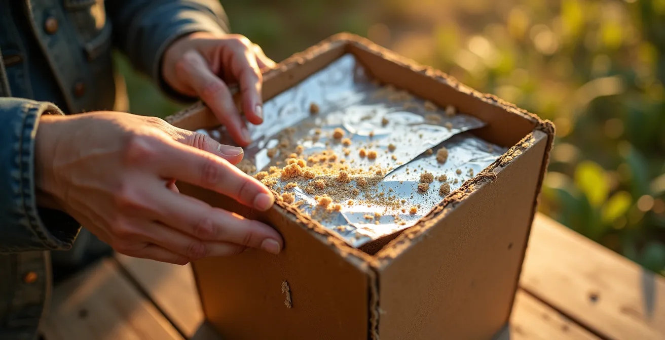 Mains assemblant un four solaire avec des matériaux recyclés dans un jardin ensoleillé