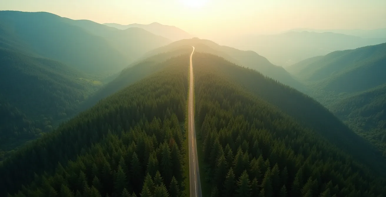 Vue aérienne d'un corridor forestier traversant la frontière sino-russe dans la taïga