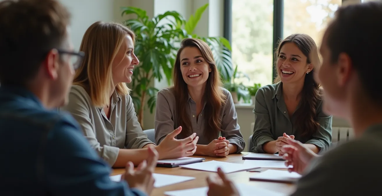 Vue humaniste d'une assemblée citoyenne en pleine délibération démocratique