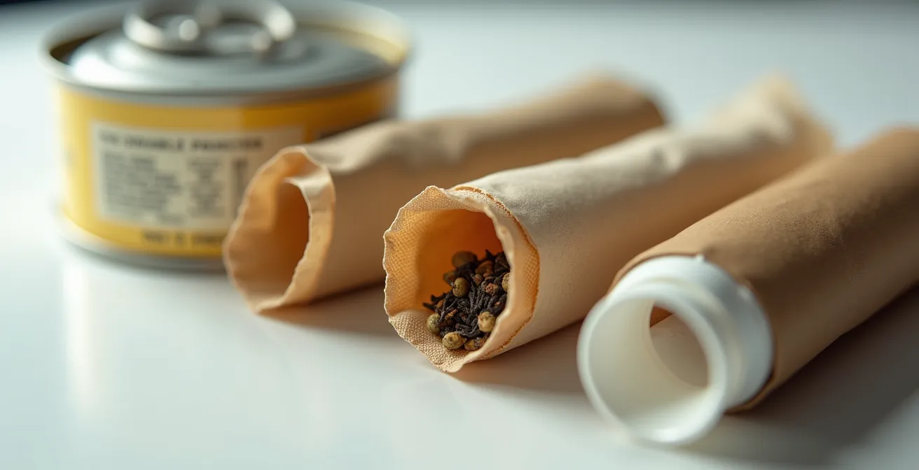 Coupe transversale montrant les couches cachées de plastique dans différents emballages alimentaires