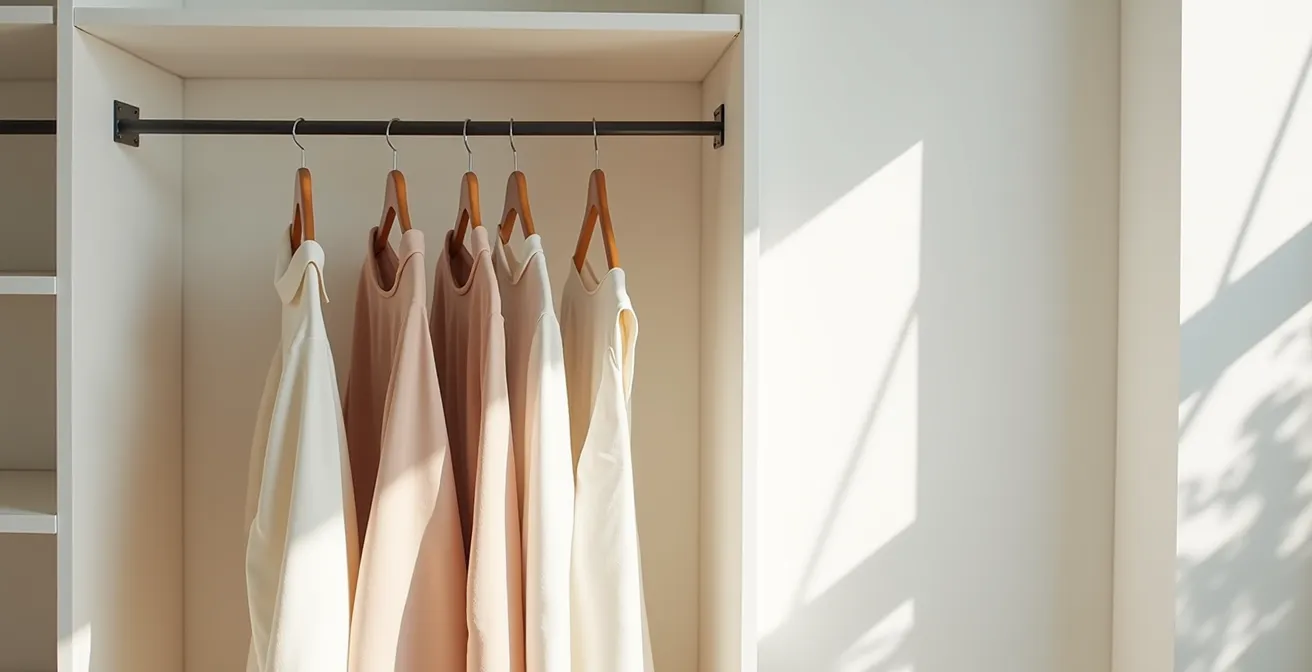 Vue d'ensemble d'un dressing épuré avec vêtements suspendus harmonieusement