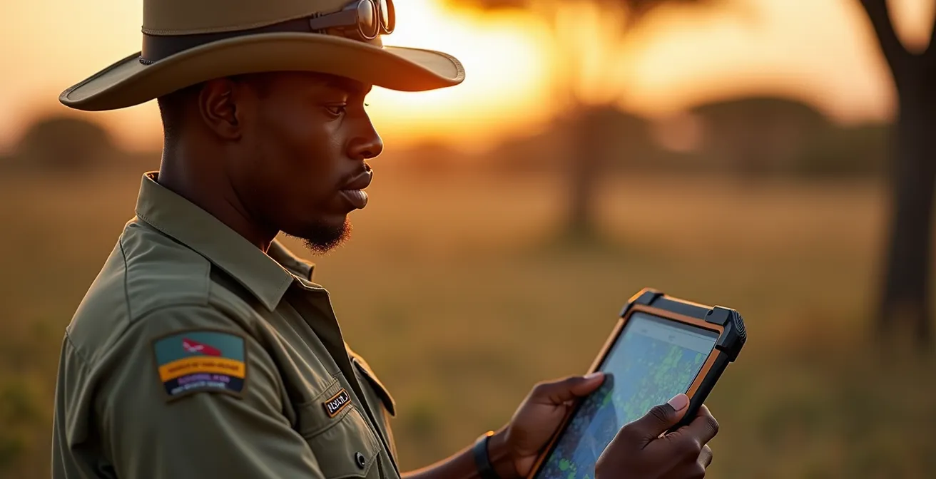 Éco-garde utilisant une tablette pour surveiller les données de capteurs dans la savane