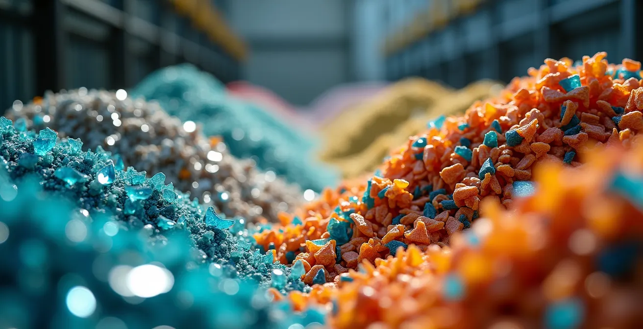 Vue macro de matériaux recyclés triés par couleur et texture dans un environnement industriel moderne