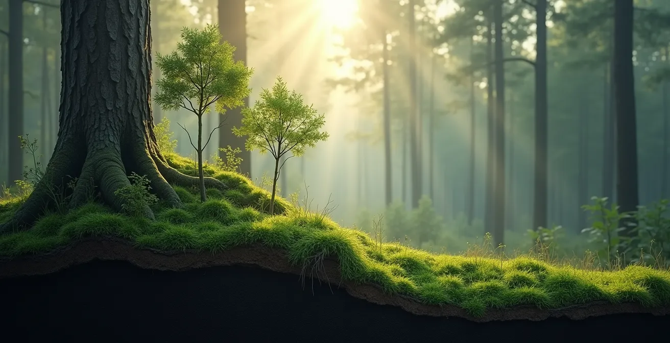 Métaphore visuelle d'un écosystème forestier montrant différentes strates de végétation symbolisant la diversité des formes d'engagement