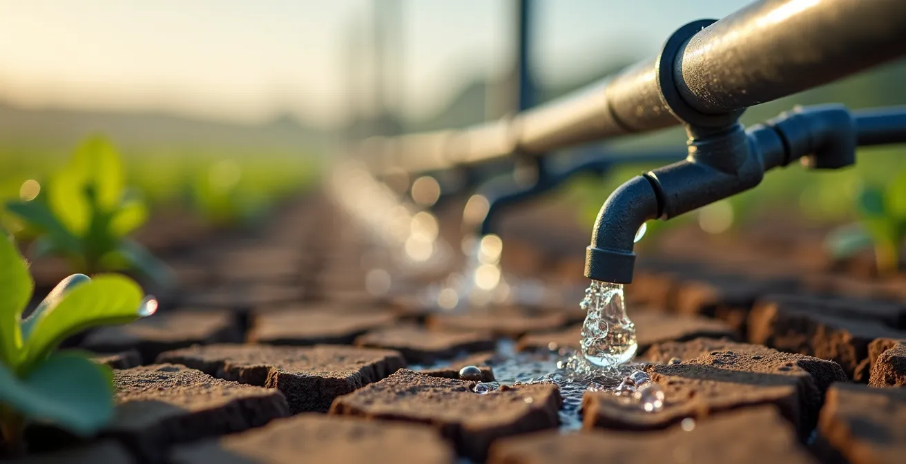 Gros plan sur un système d'irrigation goutte à goutte dans un champ aride avec des gouttelettes d'eau visibles