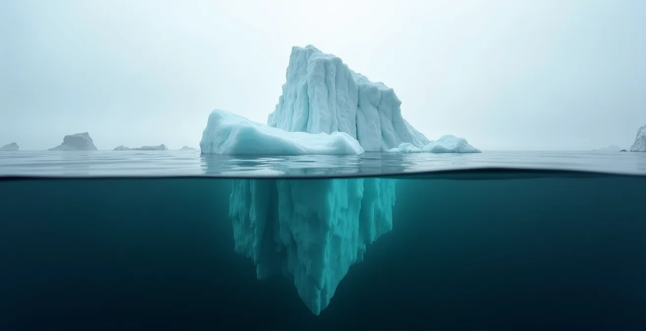 Iceberg montrant les émissions visibles en surface et les émissions cachées sous l'eau