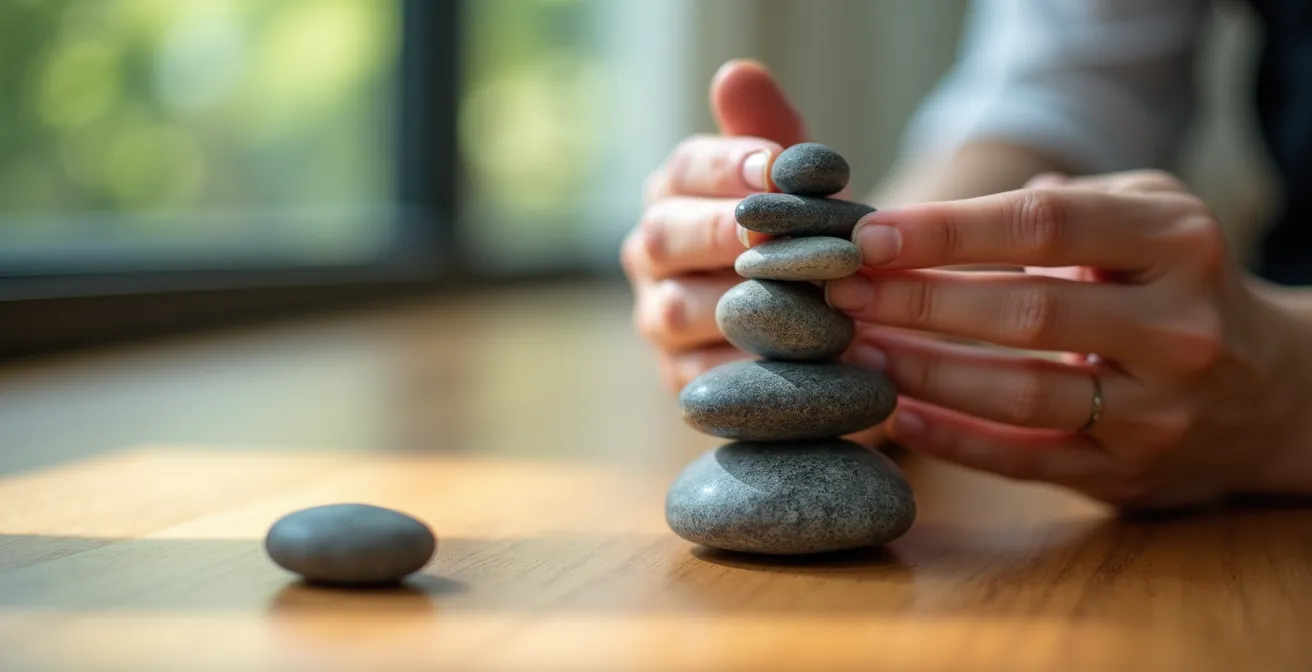Mains tenant délicatement une balance en équilibre avec des pierres naturelles, symbolisant l'équilibre entre engagement et bien-être personnel