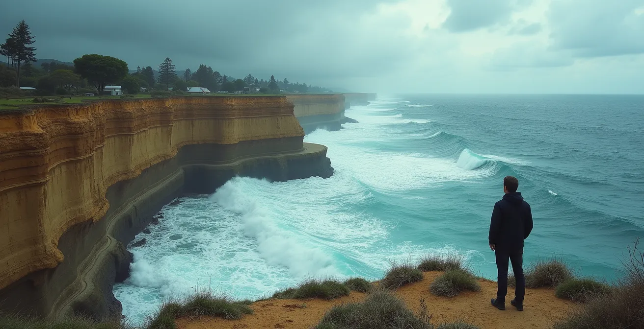 Vue aérienne d'une côte érodée avec falaises et vagues puissantes