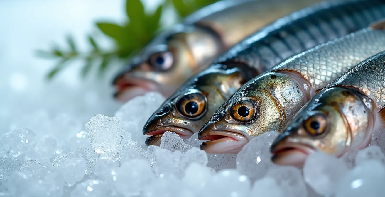 Détail macro de différentes textures et écailles de poissons méconnus sur glace