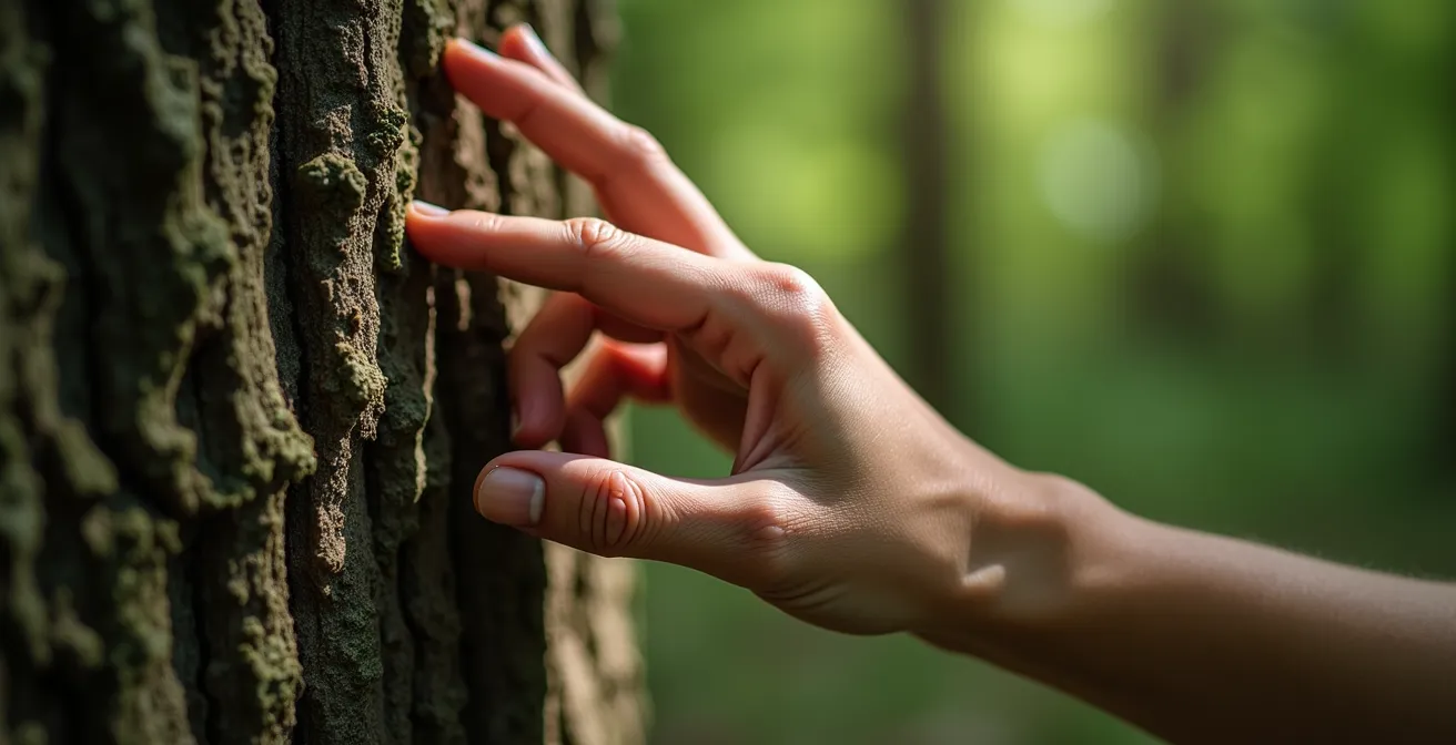 Gros plan sur une main touchant délicatement l'écorce texturée d'un arbre