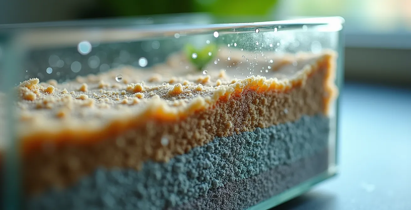 Coupe transversale d'un système de filtration biosable montrant les différentes couches