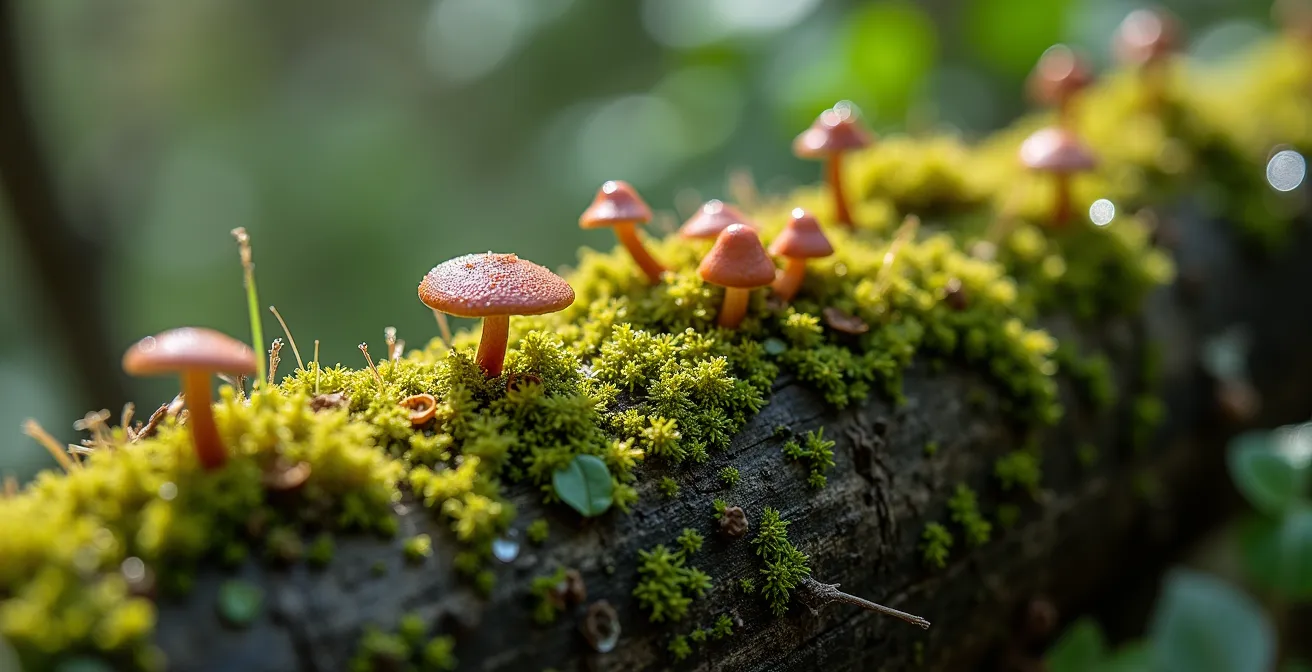 Sous-bois sauvage avec arbres morts debout et couchés, mousse et champignons
