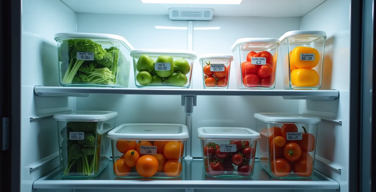 Réfrigérateur parfaitement organisé avec contenants transparents étiquetés et zones dédiées
