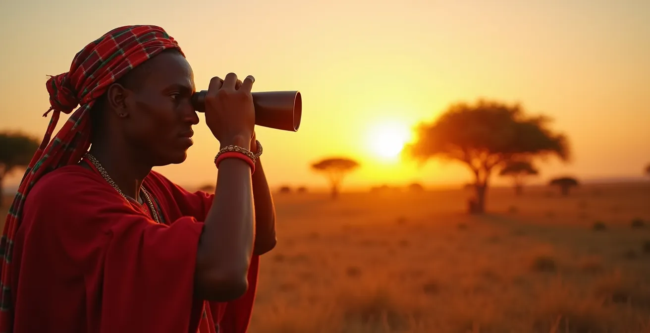 Portrait d'un guide Maasaï professionnel en observation dans la savane du Serengeti