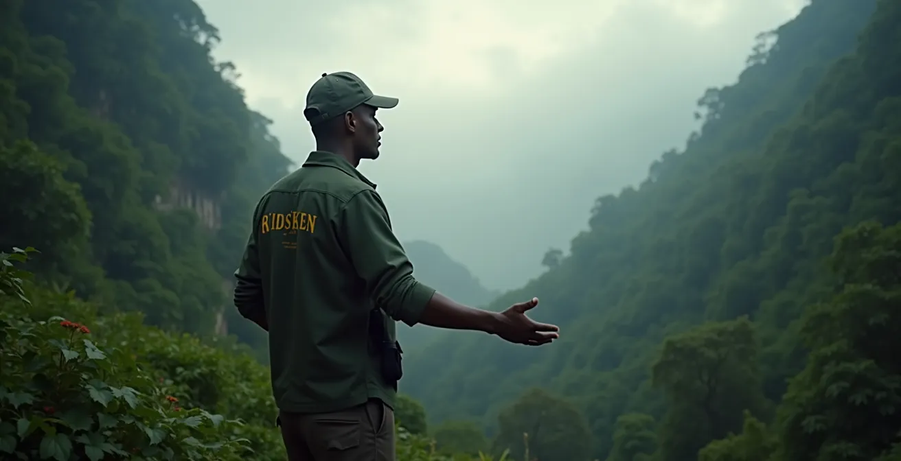 Un guide expérimenté utilise des gestes apaisants face à un gorille dos argenté dans la forêt brumeuse