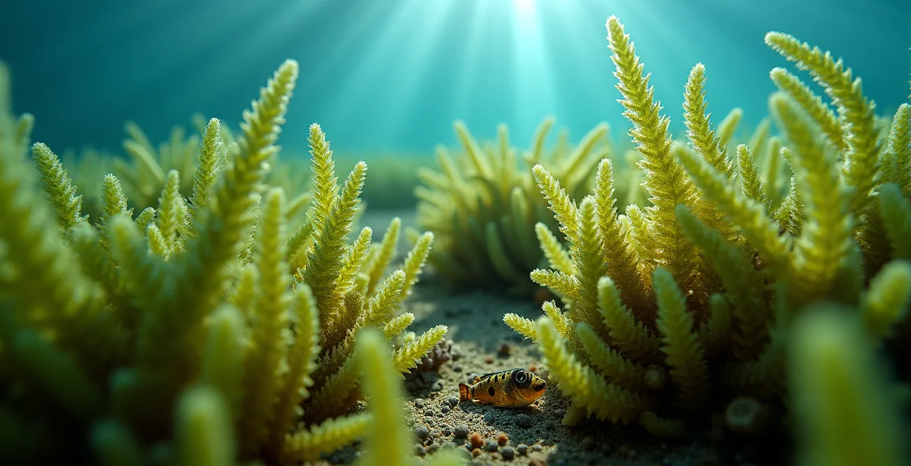 Vue sous-marine d'un herbier de posidonie intact avec ses longues feuilles vertes ondulant dans le courant