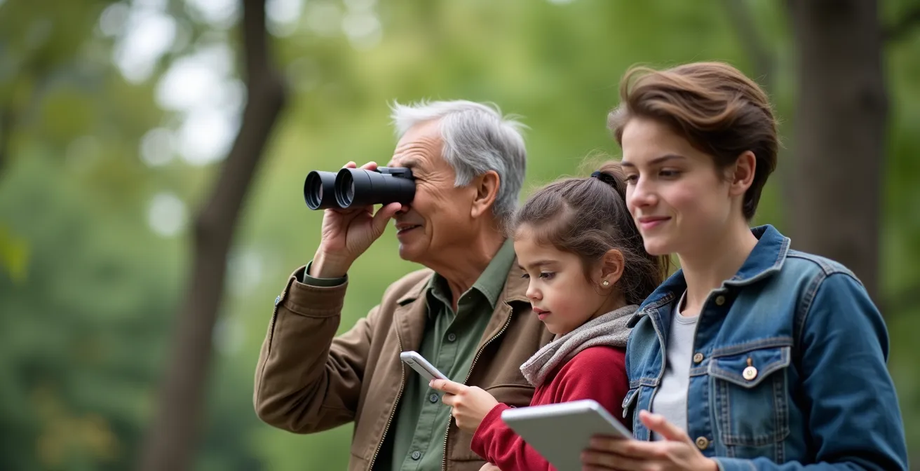 Groupe de citoyens de différents âges observant et photographiant la nature avec des tablettes