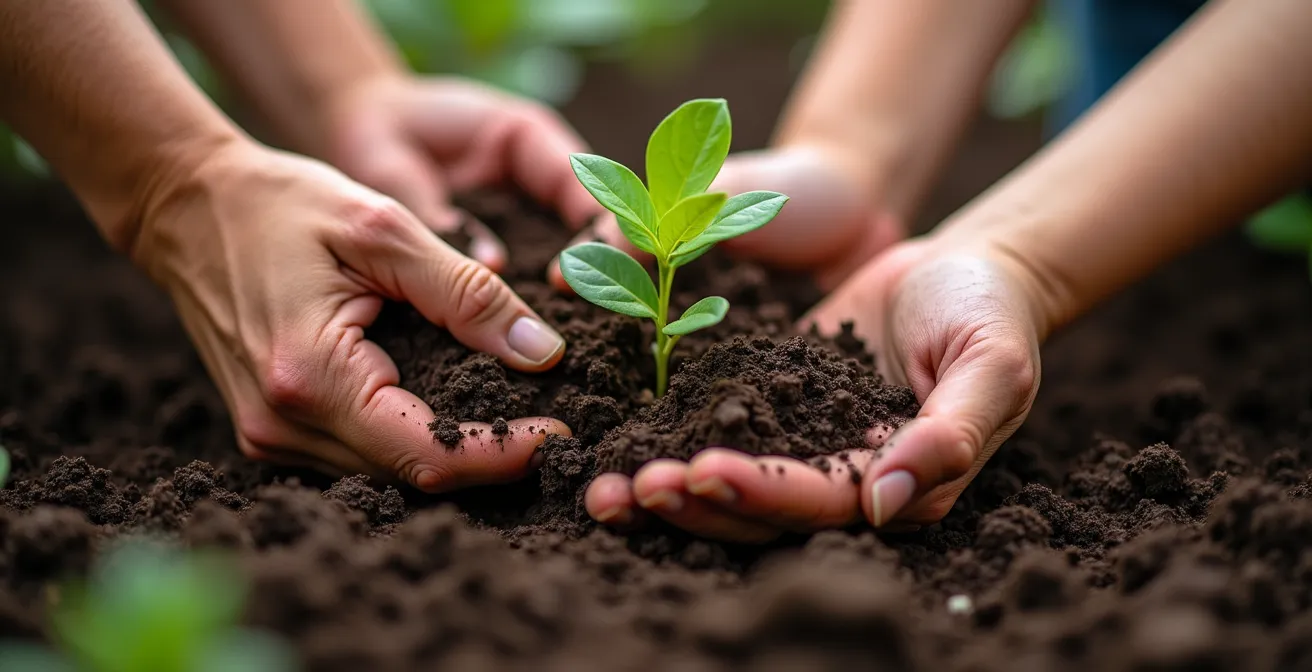 Gros plan macro sur des mains plantant ensemble des semis dans la terre