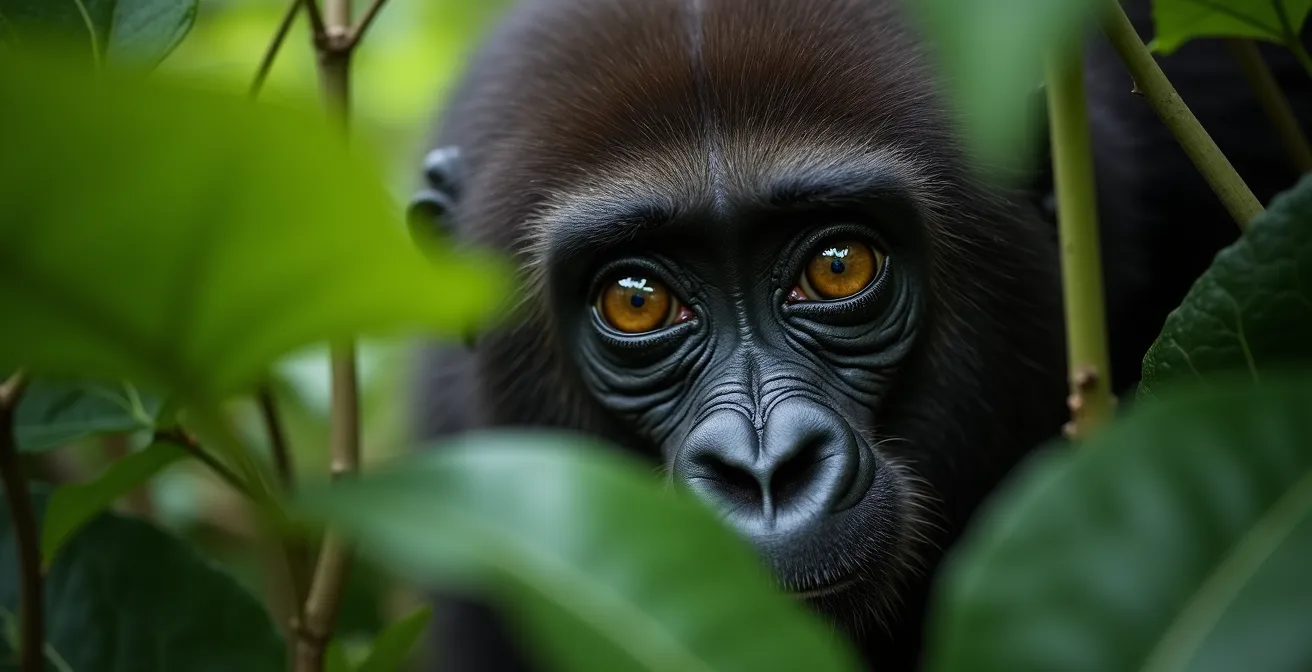 Un jeune gorille observe avec curiosité à travers la végétation dense de la forêt tropicale