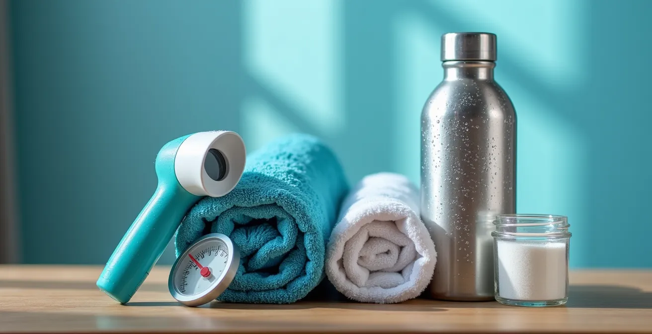 Ensemble d'équipements de survie chaleur disposés sur une table en bois incluant bouteilles d'eau, brumisateurs et serviettes rafraîchissantes