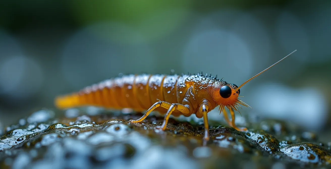 Photographie macro d'une larve de plécoptère sur une pierre immergée montrant ses adaptations morphologiques