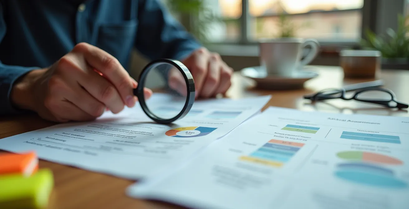 Personne analysant des rapports d'ONG avec loupe et marqueurs sur une table de travail