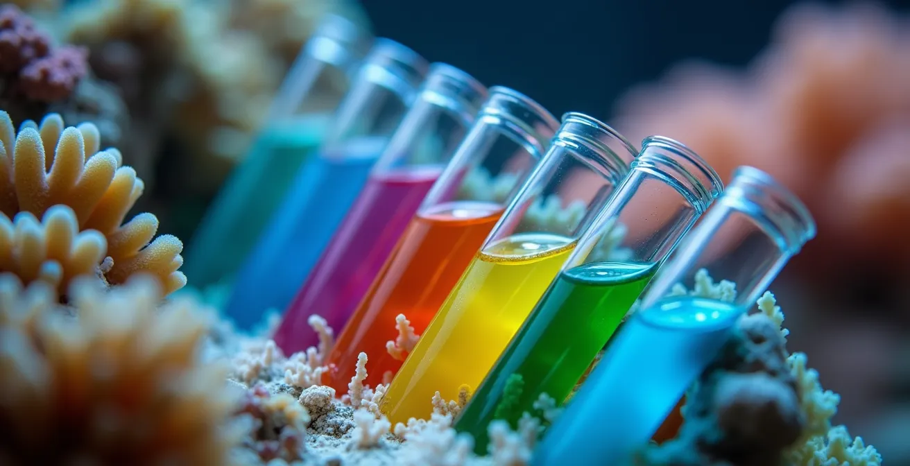 Gros plan sur des tests colorimétriques de pH et d'alcalinité pour aquarium récifal