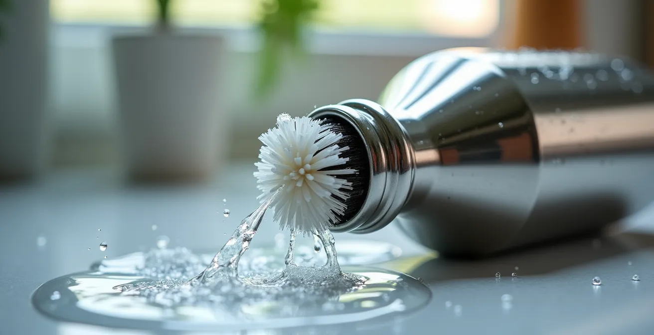 Détail macro du nettoyage d'une gourde en inox avec brosse spécialisée