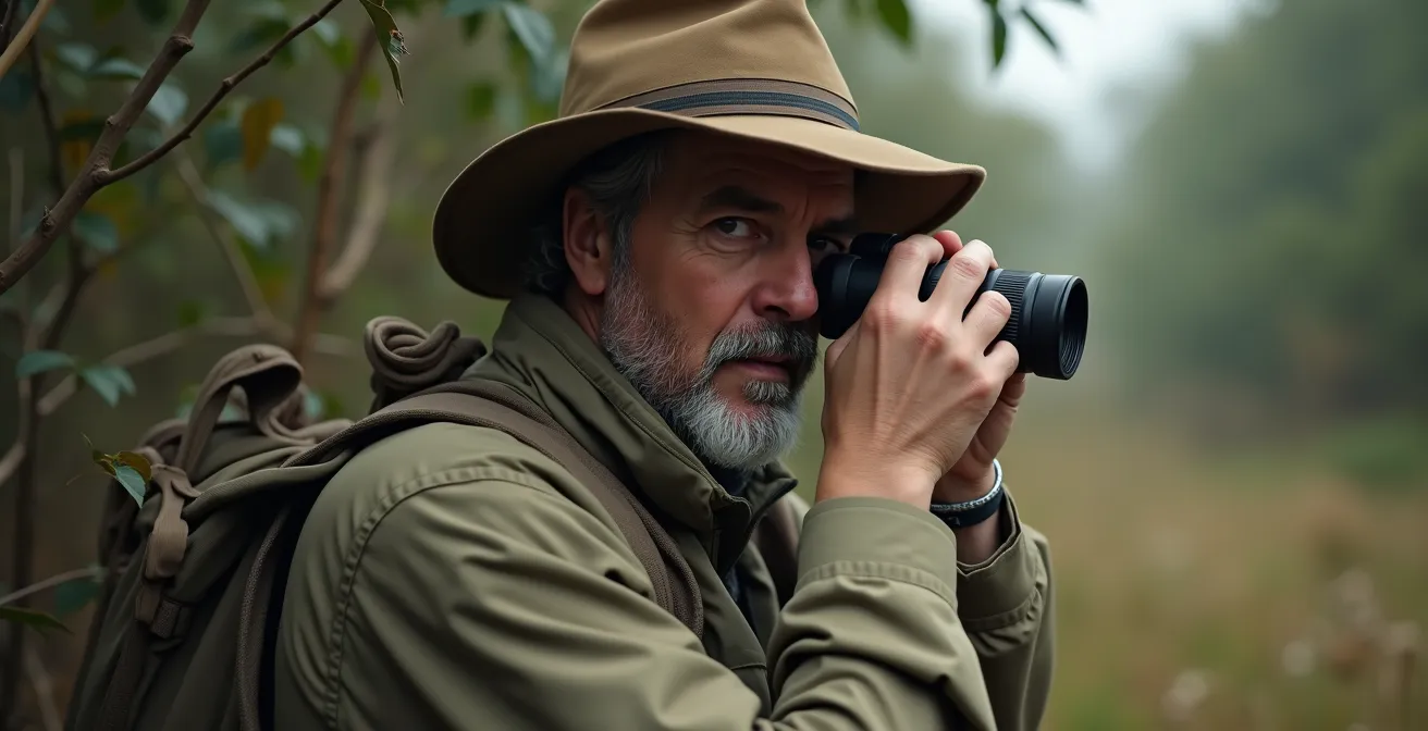 Observateur discret utilisant des jumelles dans un affût naturel