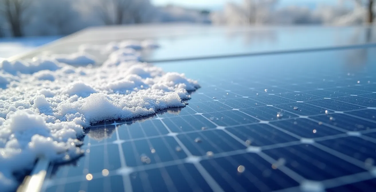 Panneau solaire sur toit enneigé avec effet de réflexion de la lumière