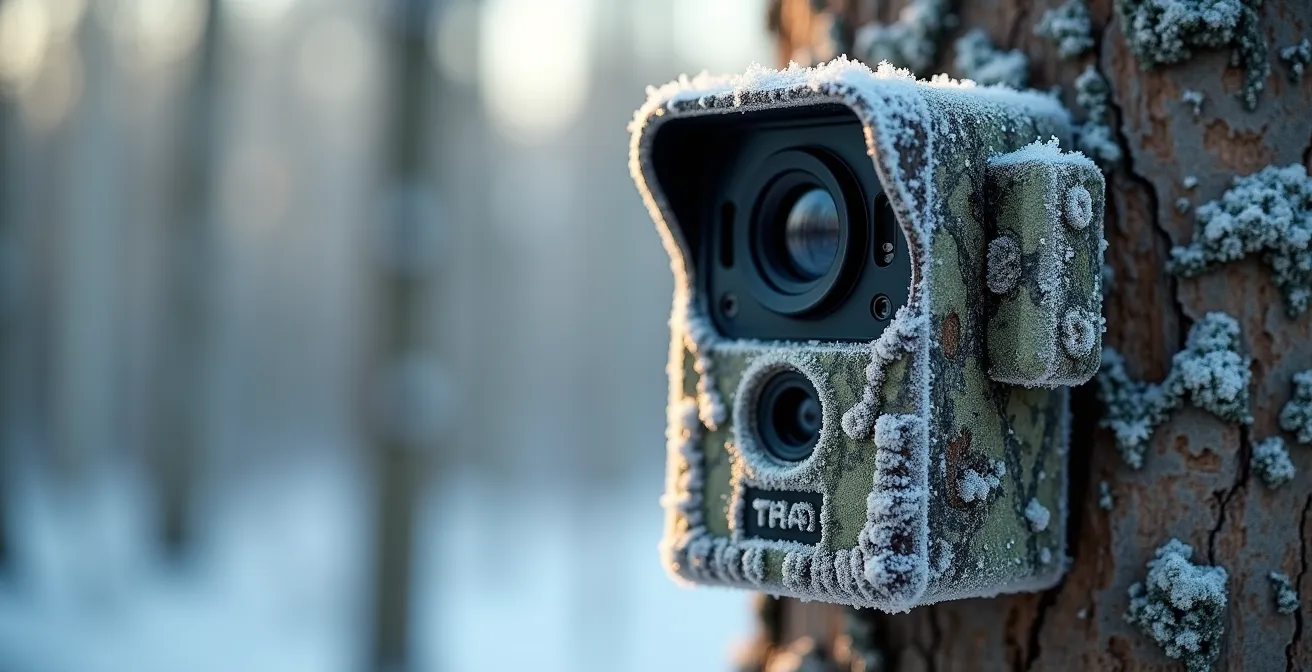 Piège photographique camouflé sur un arbre dans la taïga enneigée