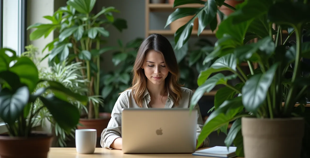 Bureau moderne avec diverses plantes vertes créant une barrière acoustique naturelle