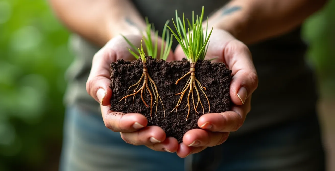 Coupe transversale du sol montrant la différence entre les racines profondes d'une prairie et les racines courtes d'un gazon