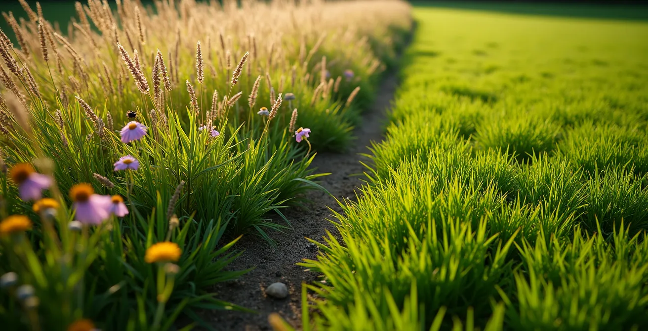 Comparaison visuelle entre une prairie naturelle diversifiée et un gazon monoculture