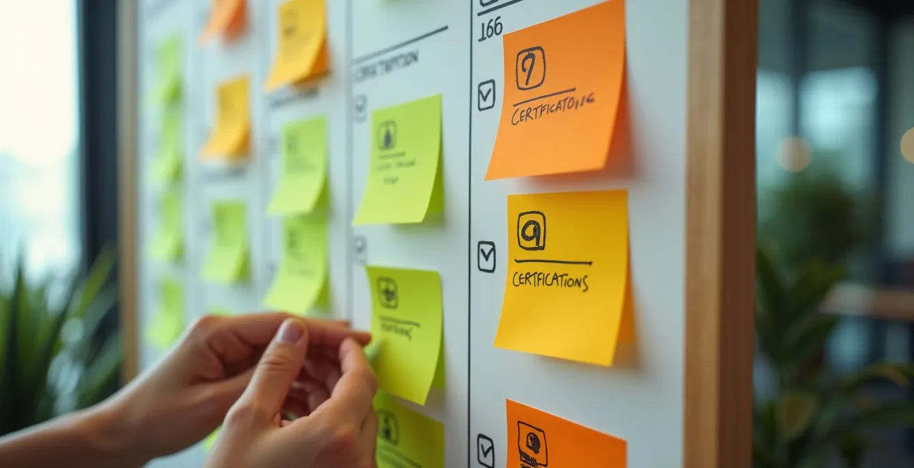 Tableau de gestion de projet agile avec post-its colorés représentant les étapes de certification ISO 14001