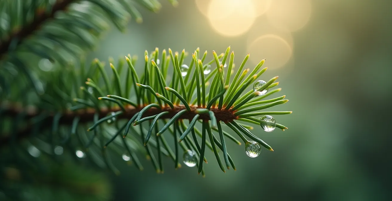 Macro détail de molécules de phytoncides émanant de conifères en forêt