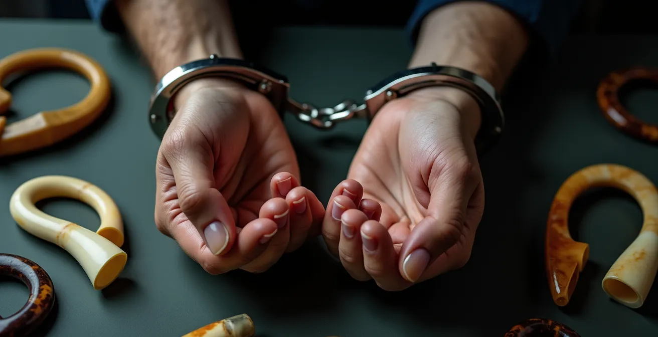 Macro shot de mains menottées avec des objets en ivoire flous en arrière-plan