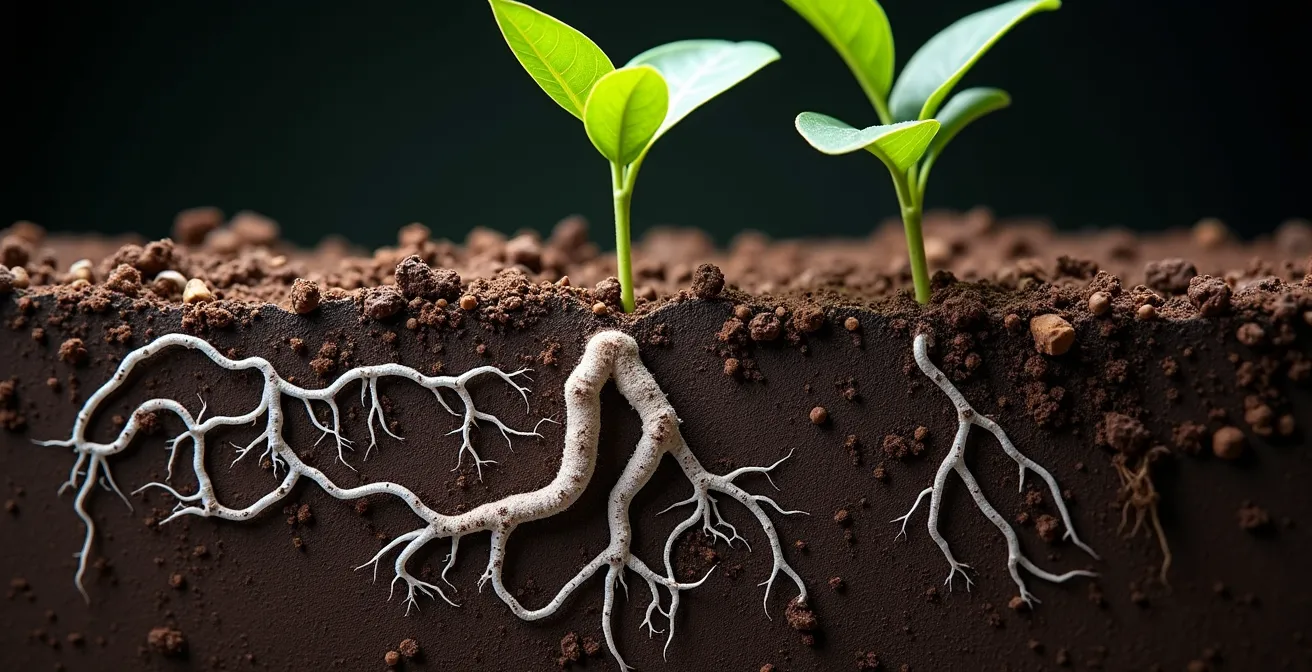 Coupe transversale du sol montrant le réseau mycorhizien connectant les racines des plantes