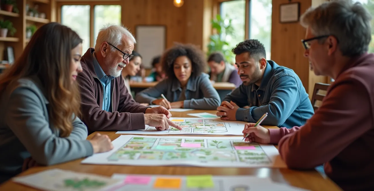 Groupe diversifié d'habitants en réunion participative autour d'une table avec plans et maquettes de jardins