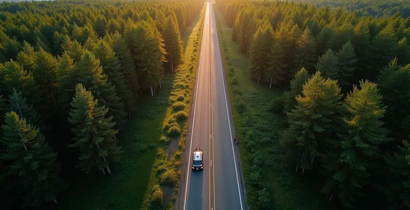 Vue aérienne d'une route divisant une forêt dense avec des animaux bloqués de chaque côté